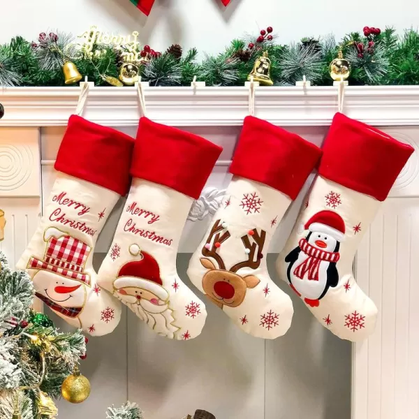 Hopearl 19 Christmas Stockings Kit 4 Pcs Xmas Stocking Father Christmas Snowman Reindeer Penguin Rustic Flax Socks Holders Ornament Gifts Bags for Family Tree Party Supplies