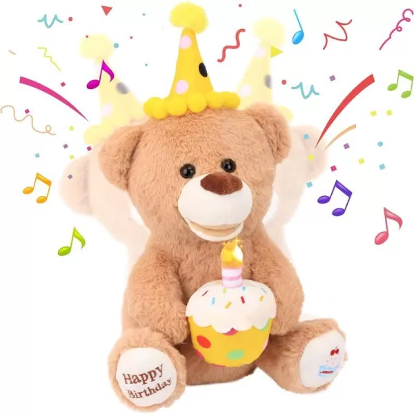 Hopearl Adorable Happy Birthday Teddy Bear with Glowing Cupcake Musical Stuffed Animal Bear Singing and Shaking Plush Toy Interactive Animated Kids Gift Brown 15Bear