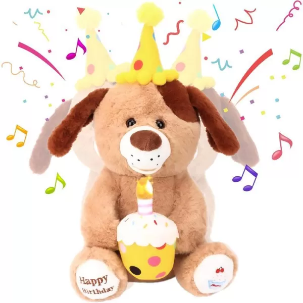 Hopearl Adorable Happy Birthday Teddy Bear with Glowing Cupcake Musical Stuffed Animal Bear Singing and Shaking Plush Toy Interactive Animated Kids Gift Brown 15Dog