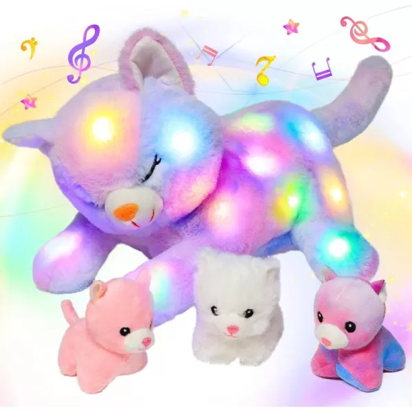 Hopearl LED Musical Stuffed Cat Lighting Up Singing Plush Toy Playset Mommy Cat with 3 Baby Kittens in her Tummy Lullaby Animated Soothe for Mom Kids Toddler Girls Rainbow 18