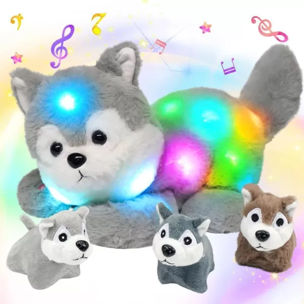 Hopearl LED Plush Unicorn Lighting Up Stuffed Mommy Unicorn with 3 Baby Unicorns in her Tummy Stuffed Animal Playset Night Lights Glow in The Dark for Mom Toddler Girls Rainbow 1907 Husky