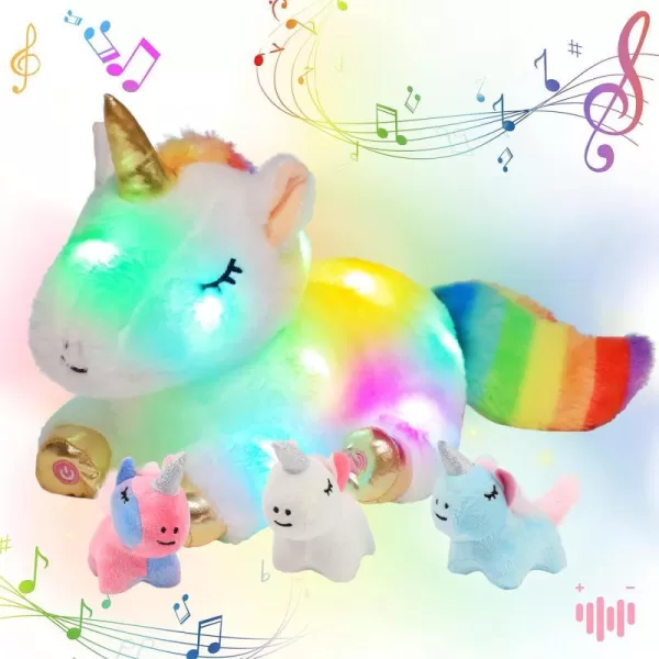 Hopearl LED Plush Unicorn Lighting Up Stuffed Mommy Unicorn with 3 Baby Unicorns in her Tummy Stuffed Animal Playset Night Lights Glow in The Dark for Mom Toddler Girls Rainbow 1903 White Unicorn