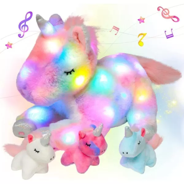 Hopearl LED Plush Unicorn Lighting Up Stuffed Mommy Unicorn with 3 Baby Unicorns in her Tummy Stuffed Animal Playset Night Lights Glow in The Dark for Mom Toddler Girls Rainbow 1902 Unicorn