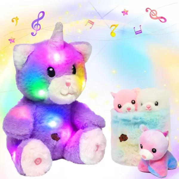 Hopearl LED Plush Unicorn Lighting Up Stuffed Mommy Unicorn with 3 Baby Unicorns in her Tummy Stuffed Animal Playset Night Lights Glow in The Dark for Mom Toddler Girls Rainbow 1908 Kitty With Basket