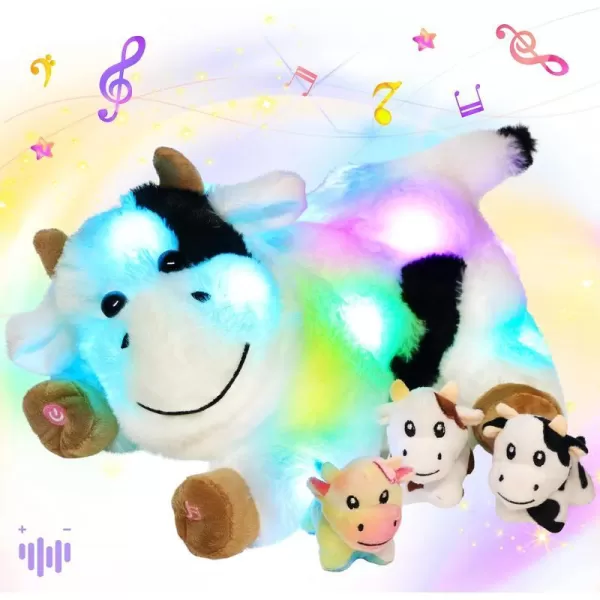 Hopearl LED Plush Unicorn Lighting Up Stuffed Mommy Unicorn with 3 Baby Unicorns in her Tummy Stuffed Animal Playset Night Lights Glow in The Dark for Mom Toddler Girls Rainbow 1905 Cow