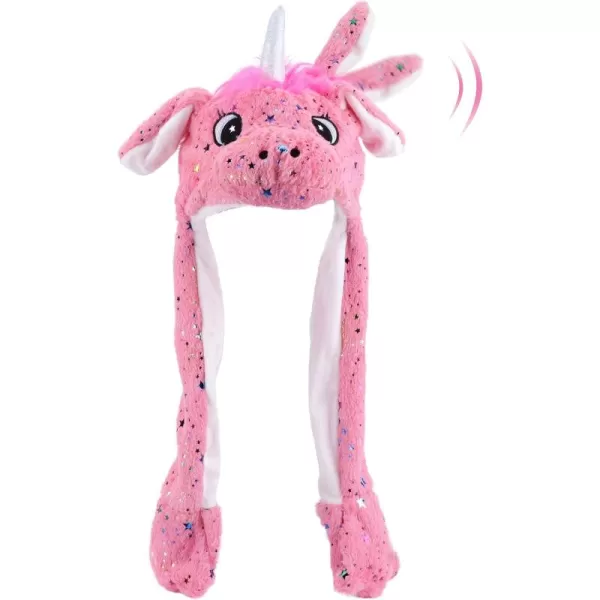 Hopearl Unicorn Hat with Ears Moving Jumping Pop Up Beating Hat Plush Holiday Cosplay Dress Up Funny Gift for Kids Girls Pink 22