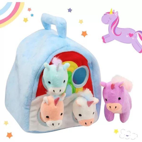 Hopearl Unicorn Plush Rainbow Bag with 4 Baby Unicorns Stuffed Animals Play Set Toy House with Handle Plush Toy Set Gifts for Girls Toddlers Age 3 4 5 6 7 8 Year Old 11Unicorn