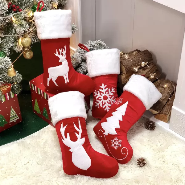 Hopearl 19 Christmas Stockings Kit 4 Pcs Xmas Stocking Boy Girl Gingerbread Man Rustic Flax Socks Holders Ornament Gift Bags for Family Xmas Tree Party SuppliesStyle 04