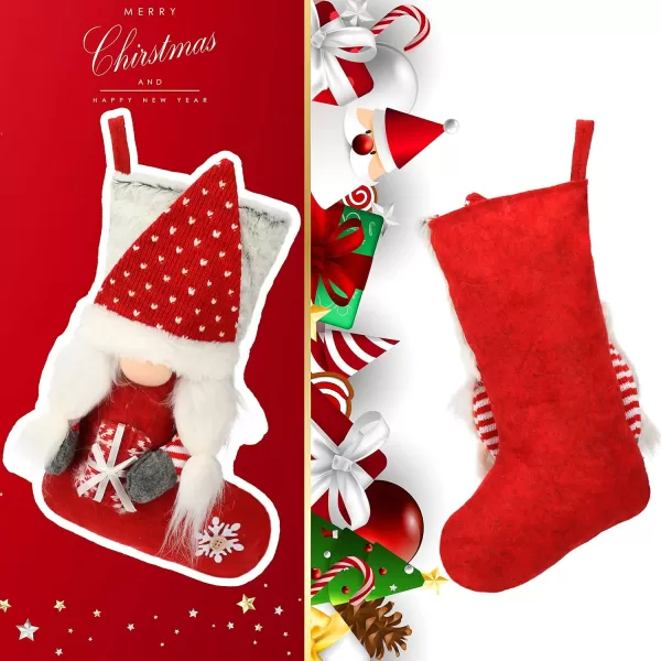 Hopearl 2 Pcs Christmas Stockings Set with 3D Mr and Mrs Swedish Gnome Tomte Nisse Couple Socks with Plush Cuff Gift Bags for Kids Holiday Fireplace Hanging Xmas Party Decorations 18Style 1