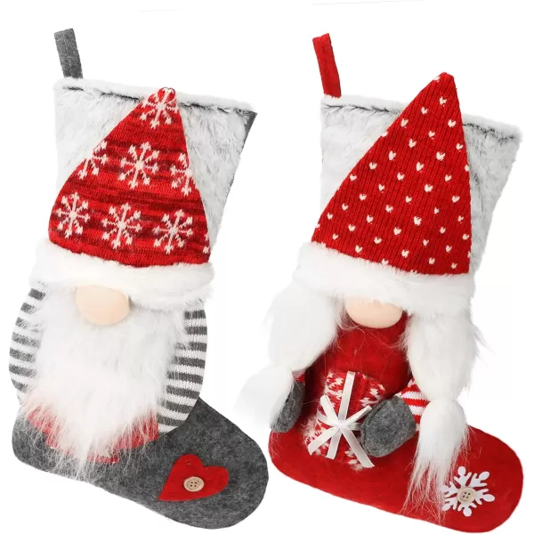 Hopearl 2 Pcs Christmas Stockings Set with 3D Mr and Mrs Swedish Gnome Tomte Nisse Couple Socks with Plush Cuff Gift Bags for Kids Holiday Fireplace Hanging Xmas Party Decorations 18Style 1