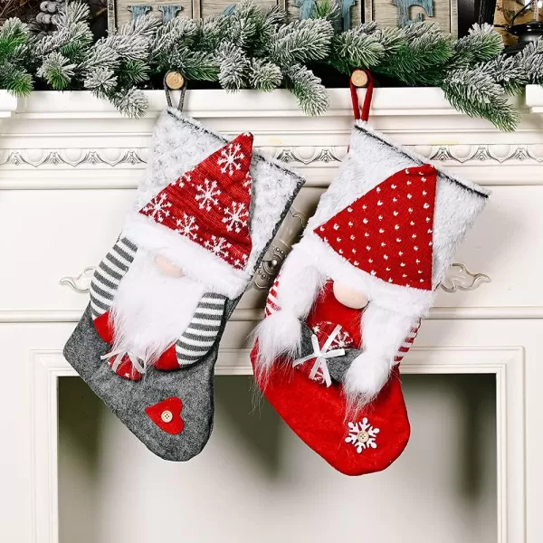 Hopearl 2 Pcs Christmas Stockings Set with 3D Mr and Mrs Swedish Gnome Tomte Nisse Couple Socks with Plush Cuff Gift Bags for Kids Holiday Fireplace Hanging Xmas Party Decorations 18Style 1