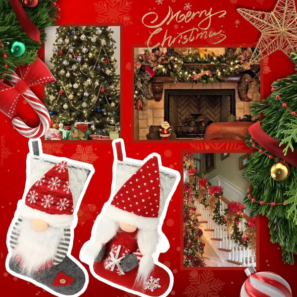 Hopearl 2 Pcs Christmas Stockings Set with 3D Mr and Mrs Swedish Gnome Tomte Nisse Couple Socks with Plush Cuff Gift Bags for Kids Holiday Fireplace Hanging Xmas Party Decorations 18Style 1