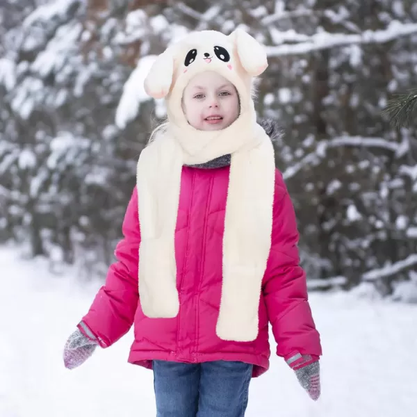 Hopearl 3 in 1 Winter Animal Hat with Jumping Ears Hoodie Scarf with Pockets Plush Dress Up Moving Ear Hat Scarf Gloves Set03 White Bunny