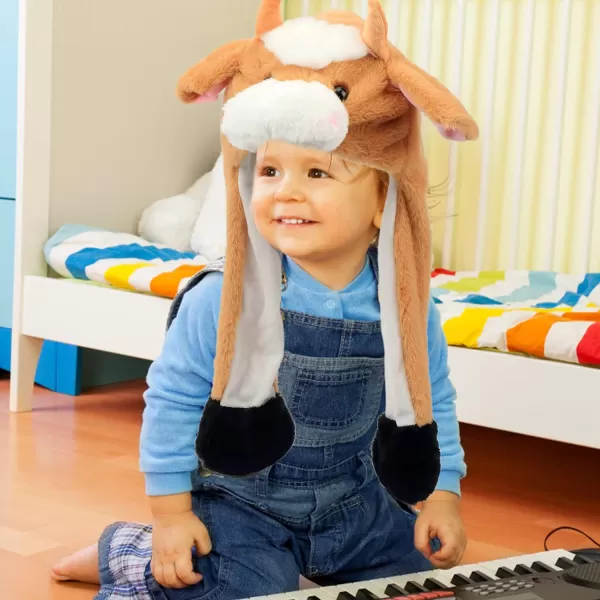 Hopearl Halloween Devil Hat with Ears Moving Jumping Pop Up Beating Ghost Hat Plush Earflaps Holiday Cosplay Costume Dress Up Funny Gift for Kids Boys Girls Black 2205 Brown Cow