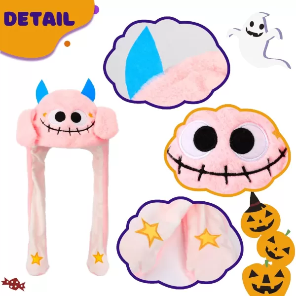 Hopearl Halloween Devil Hat with Ears Moving Jumping Pop Up Beating Ghost Hat Plush Earflaps Holiday Cosplay Costume Dress Up Funny Gift for Kids Boys Girls Black 2262 Pink Ghost