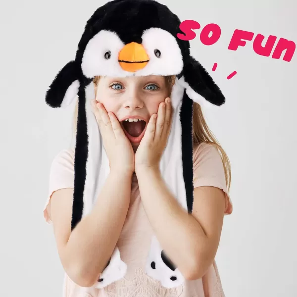 Hopearl Halloween Devil Hat with Ears Moving Jumping Pop Up Beating Ghost Hat Plush Earflaps Holiday Cosplay Costume Dress Up Funny Gift for Kids Boys Girls Black 2201 Penguin