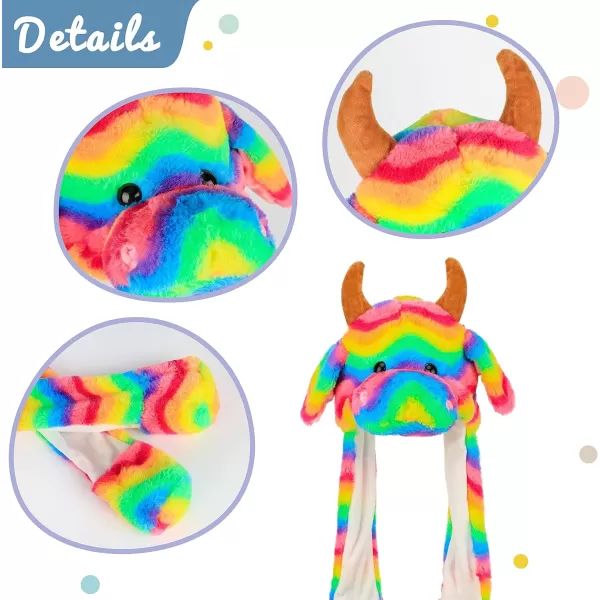 Hopearl Halloween Devil Hat with Ears Moving Jumping Pop Up Beating Ghost Hat Plush Earflaps Holiday Cosplay Costume Dress Up Funny Gift for Kids Boys Girls Black 2206 Rainbow Cow