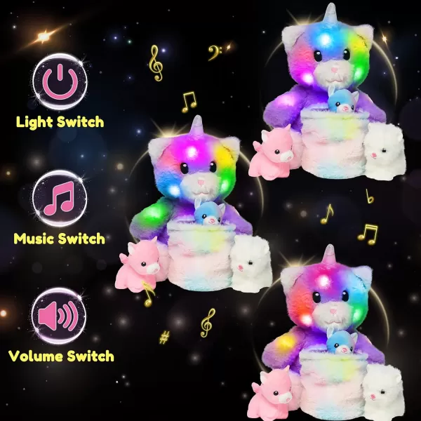 Hopearl LED Musical Stuffed Cat Light up Singing Plush Toy Playset Mommy Cat with 3 Baby Kittens in her Tummy Lullaby Animated Soothe for Mom Kids Toddler Girls Rainbow 18LED amp Music 08 Kitty With Basket