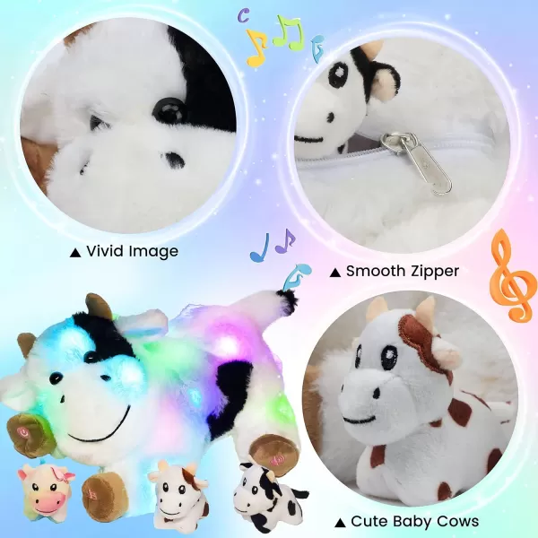 Hopearl LED Musical Stuffed Cat Light up Singing Plush Toy Playset Mommy Cat with 3 Baby Kittens in her Tummy Lullaby Animated Soothe for Mom Kids Toddler Girls Rainbow 18LED amp Music 05 Cow