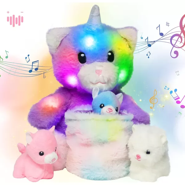 Hopearl LED Musical Stuffed Cat Light up Singing Plush Toy Playset Mommy Cat with 3 Baby Kittens in her Tummy Lullaby Animated Soothe for Mom Kids Toddler Girls Rainbow 18LED amp Music 08 Kitty With Basket