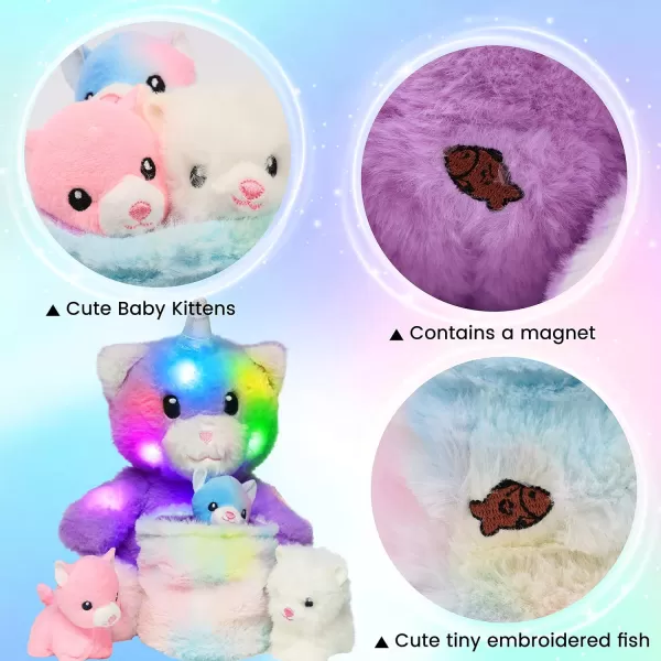 Hopearl LED Musical Stuffed Cat Light up Singing Plush Toy Playset Mommy Cat with 3 Baby Kittens in her Tummy Lullaby Animated Soothe for Mom Kids Toddler Girls Rainbow 18LED no music 08 Kitty With Basket