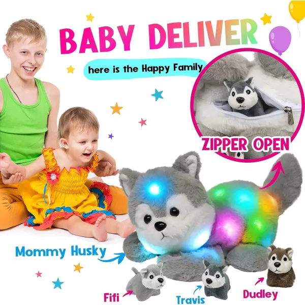 Hopearl LED Musical Stuffed Cat Light up Singing Plush Toy Playset Mommy Cat with 3 Baby Kittens in her Tummy Lullaby Animated Soothe for Mom Kids Toddler Girls Rainbow 18LED no music 07 Husky