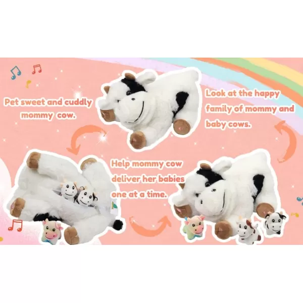 Hopearl LED Musical Stuffed Cat Light up Singing Plush Toy Playset Mommy Cat with 3 Baby Kittens in her Tummy Lullaby Animated Soothe for Mom Kids Toddler Girls Rainbow 18LED amp Music 05 Cow