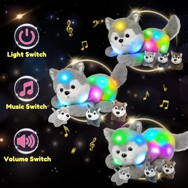 Hopearl LED Musical Stuffed Cat Light up Singing Plush Toy Playset Mommy Cat with 3 Baby Kittens in her Tummy Lullaby Animated Soothe for Mom Kids Toddler Girls Rainbow 18LED amp Music 07 Husky