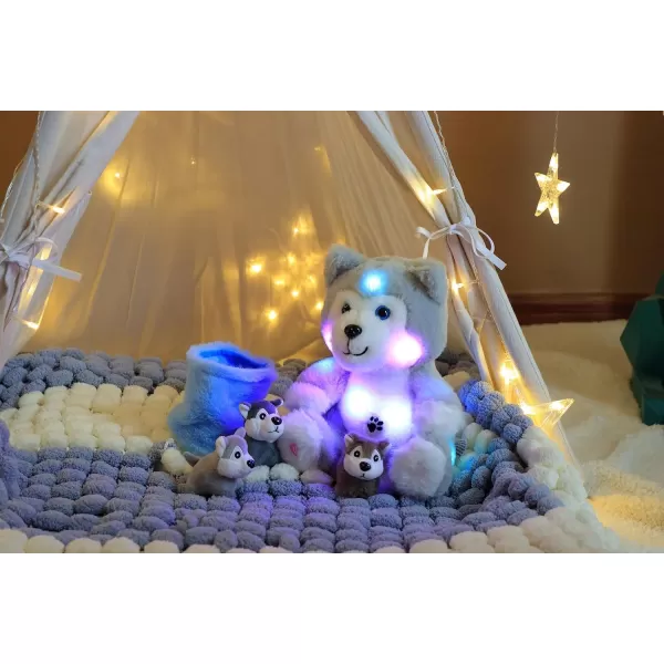 Hopearl LED Musical Stuffed Cat Light up Singing Plush Toy Playset Mommy Cat with 3 Baby Kittens in her Tummy Lullaby Animated Soothe for Mom Kids Toddler Girls Rainbow 18LED no music 09 Husky With Basket