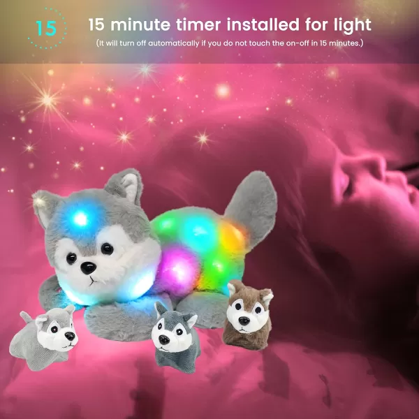 Hopearl LED Musical Stuffed Cat Light up Singing Plush Toy Playset Mommy Cat with 3 Baby Kittens in her Tummy Lullaby Animated Soothe for Mom Kids Toddler Girls Rainbow 18LED no music 07 Husky