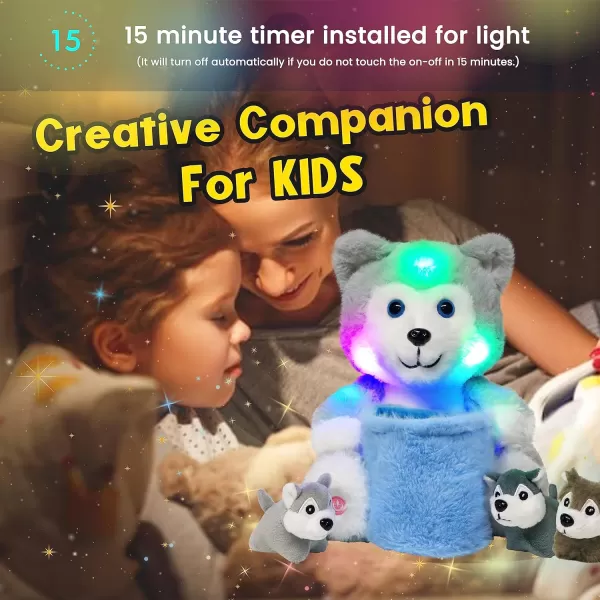 Hopearl LED Musical Stuffed Cat Light up Singing Plush Toy Playset Mommy Cat with 3 Baby Kittens in her Tummy Lullaby Animated Soothe for Mom Kids Toddler Girls Rainbow 18LED no music 09 Husky With Basket