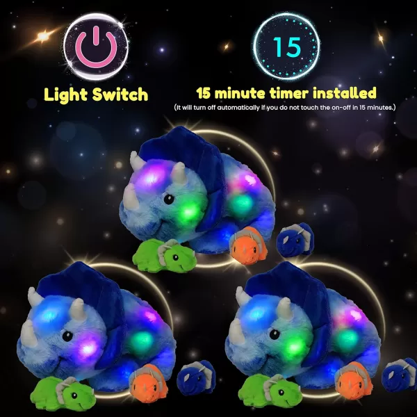 Hopearl LED Musical Stuffed Cat Light up Singing Plush Toy Playset Mommy Cat with 3 Baby Kittens in her Tummy Lullaby Animated Soothe for Mom Kids Toddler Girls Rainbow 18LED no music 04 Triceratops