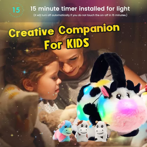 Hopearl LED Musical Stuffed Cat Light up Singing Plush Toy Playset Mommy Cat with 3 Baby Kittens in her Tummy Lullaby Animated Soothe for Mom Kids Toddler Girls Rainbow 18LED amp Music 10 Cow Bag