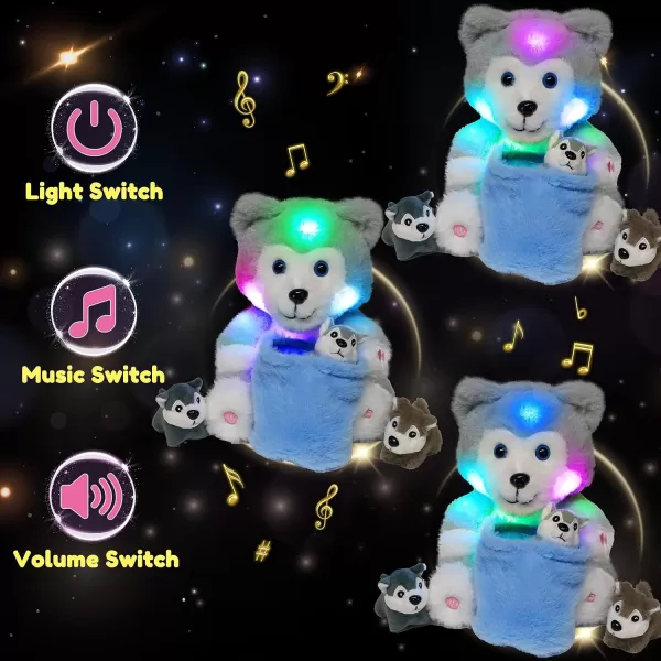 Hopearl LED Musical Stuffed Cat Light up Singing Plush Toy Playset Mommy Cat with 3 Baby Kittens in her Tummy Lullaby Animated Soothe for Mom Kids Toddler Girls Rainbow 18LED amp Music 09 Husky With Basket