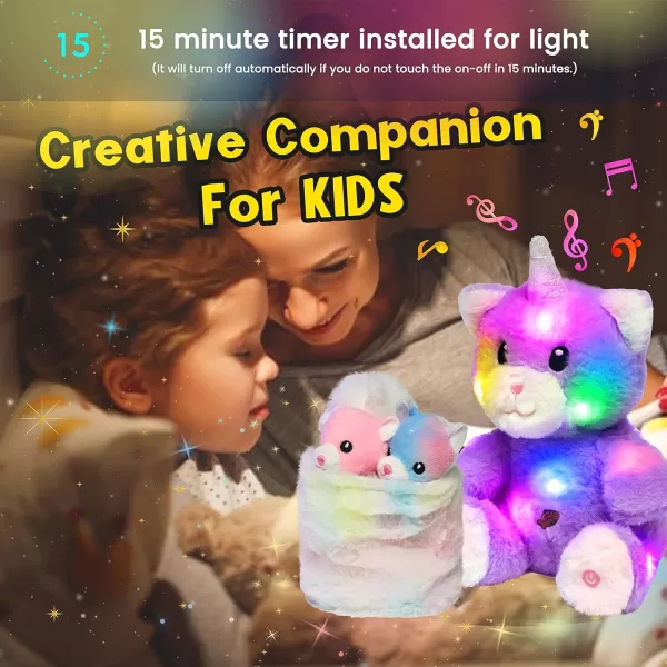 Hopearl LED Musical Stuffed Cat Light up Singing Plush Toy Playset Mommy Cat with 3 Baby Kittens in her Tummy Lullaby Animated Soothe for Mom Kids Toddler Girls Rainbow 18LED amp Music 08 Kitty With Basket