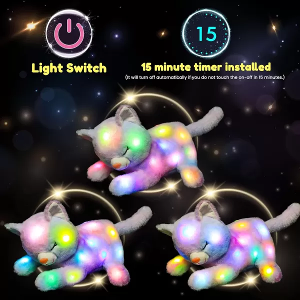 Hopearl LED Musical Stuffed Cat Light up Singing Plush Toy Playset Mommy Cat with 3 Baby Kittens in her Tummy Lullaby Animated Soothe for Mom Kids Toddler Girls Rainbow 18LED no music 01 Cat