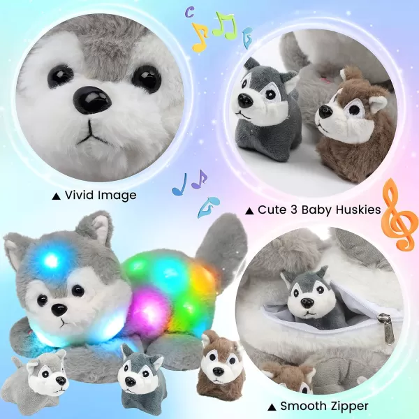 Hopearl LED Musical Stuffed Cat Light up Singing Plush Toy Playset Mommy Cat with 3 Baby Kittens in her Tummy Lullaby Animated Soothe for Mom Kids Toddler Girls Rainbow 18LED amp Music 07 Husky