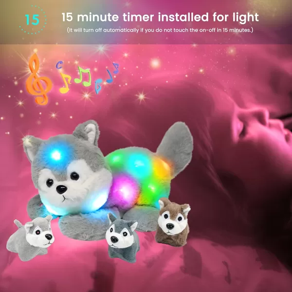 Hopearl LED Musical Stuffed Cat Light up Singing Plush Toy Playset Mommy Cat with 3 Baby Kittens in her Tummy Lullaby Animated Soothe for Mom Kids Toddler Girls Rainbow 18LED amp Music 07 Husky