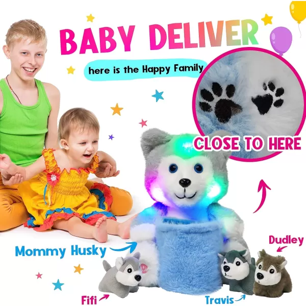 Hopearl LED Musical Stuffed Cat Light up Singing Plush Toy Playset Mommy Cat with 3 Baby Kittens in her Tummy Lullaby Animated Soothe for Mom Kids Toddler Girls Rainbow 18LED no music 09 Husky With Basket