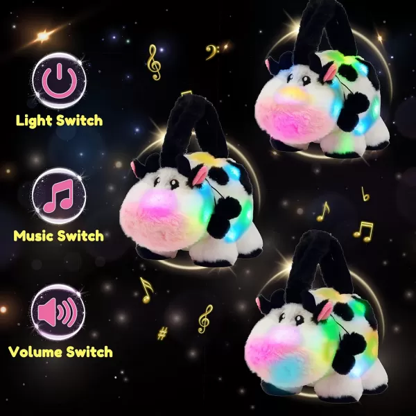 Hopearl LED Musical Stuffed Cat Light up Singing Plush Toy Playset Mommy Cat with 3 Baby Kittens in her Tummy Lullaby Animated Soothe for Mom Kids Toddler Girls Rainbow 18LED amp Music 10 Cow Bag