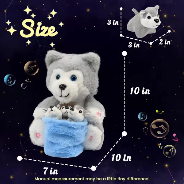 Hopearl LED Musical Stuffed Cat Light up Singing Plush Toy Playset Mommy Cat with 3 Baby Kittens in her Tummy Lullaby Animated Soothe for Mom Kids Toddler Girls Rainbow 18LED amp Music 09 Husky With Basket