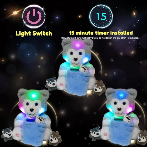 Hopearl LED Musical Stuffed Cat Light up Singing Plush Toy Playset Mommy Cat with 3 Baby Kittens in her Tummy Lullaby Animated Soothe for Mom Kids Toddler Girls Rainbow 18LED no music 09 Husky With Basket