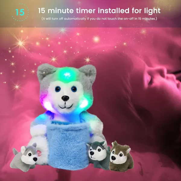 Hopearl LED Musical Stuffed Cat Light up Singing Plush Toy Playset Mommy Cat with 3 Baby Kittens in her Tummy Lullaby Animated Soothe for Mom Kids Toddler Girls Rainbow 18LED no music 09 Husky With Basket