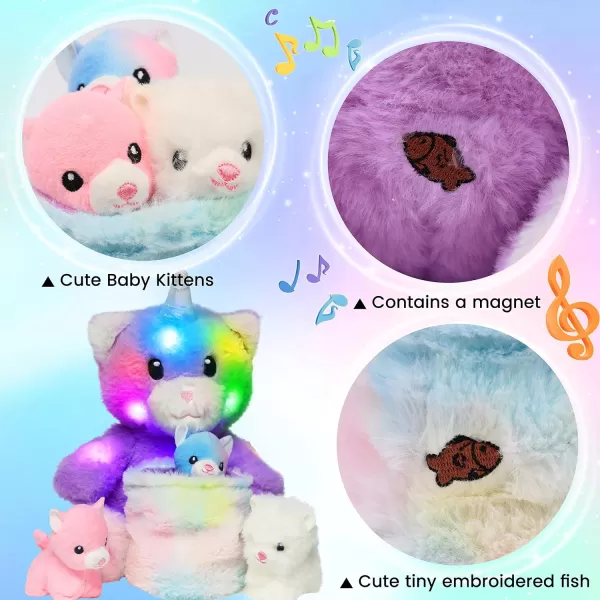 Hopearl LED Musical Stuffed Cat Light up Singing Plush Toy Playset Mommy Cat with 3 Baby Kittens in her Tummy Lullaby Animated Soothe for Mom Kids Toddler Girls Rainbow 18LED amp Music 08 Kitty With Basket