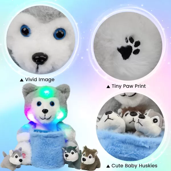 Hopearl LED Musical Stuffed Cat Light up Singing Plush Toy Playset Mommy Cat with 3 Baby Kittens in her Tummy Lullaby Animated Soothe for Mom Kids Toddler Girls Rainbow 18LED no music 09 Husky With Basket