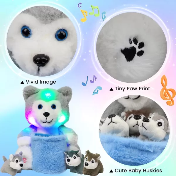 Hopearl LED Musical Stuffed Cat Light up Singing Plush Toy Playset Mommy Cat with 3 Baby Kittens in her Tummy Lullaby Animated Soothe for Mom Kids Toddler Girls Rainbow 18LED amp Music 09 Husky With Basket