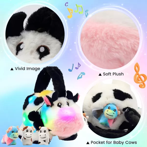 Hopearl LED Musical Stuffed Cat Light up Singing Plush Toy Playset Mommy Cat with 3 Baby Kittens in her Tummy Lullaby Animated Soothe for Mom Kids Toddler Girls Rainbow 18LED amp Music 10 Cow Bag