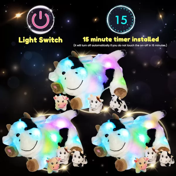 Hopearl LED Musical Stuffed Cat Light up Singing Plush Toy Playset Mommy Cat with 3 Baby Kittens in her Tummy Lullaby Animated Soothe for Mom Kids Toddler Girls Rainbow 18LED no music 05 Cow