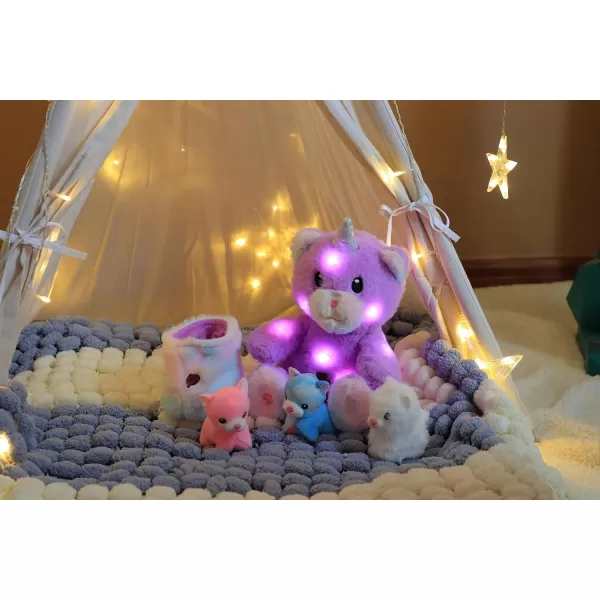 Hopearl LED Musical Stuffed Cat Light up Singing Plush Toy Playset Mommy Cat with 3 Baby Kittens in her Tummy Lullaby Animated Soothe for Mom Kids Toddler Girls Rainbow 18LED no music 08 Kitty With Basket