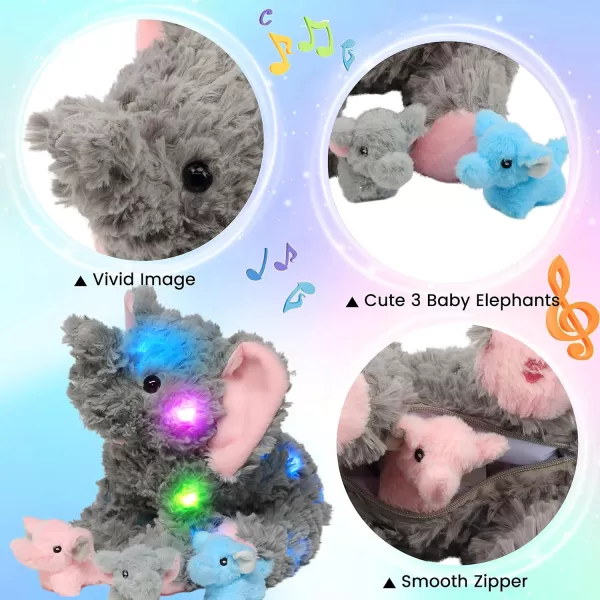 Hopearl LED Musical Stuffed Cat Light up Singing Plush Toy Playset Mommy Cat with 3 Baby Kittens in her Tummy Lullaby Animated Soothe for Mom Kids Toddler Girls Rainbow 18LED amp Music 06 Elephant